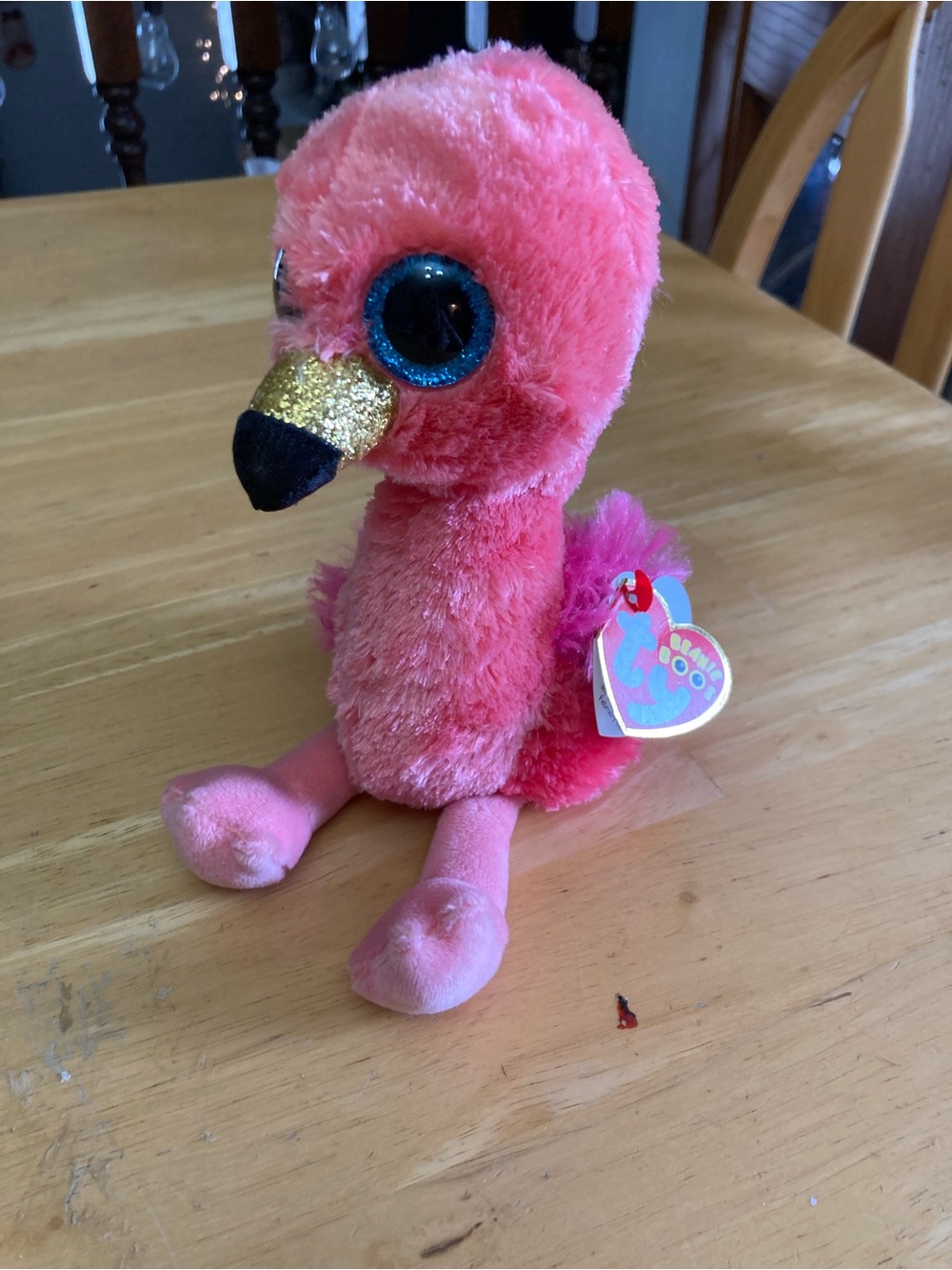 Ty Pink Flamingo Beanie Boo Plush with Blue Glitter Eyes and Gold Beak